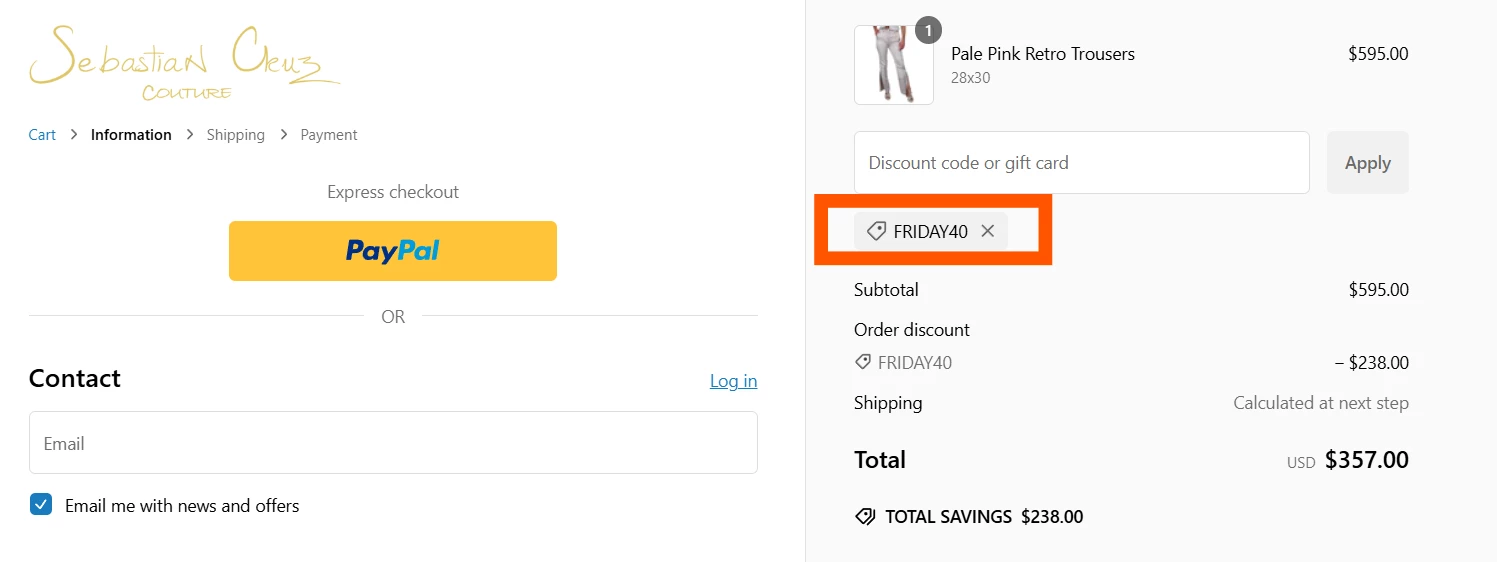 Sebastian Cruz Couture verified Coupon code FRIDAY40
